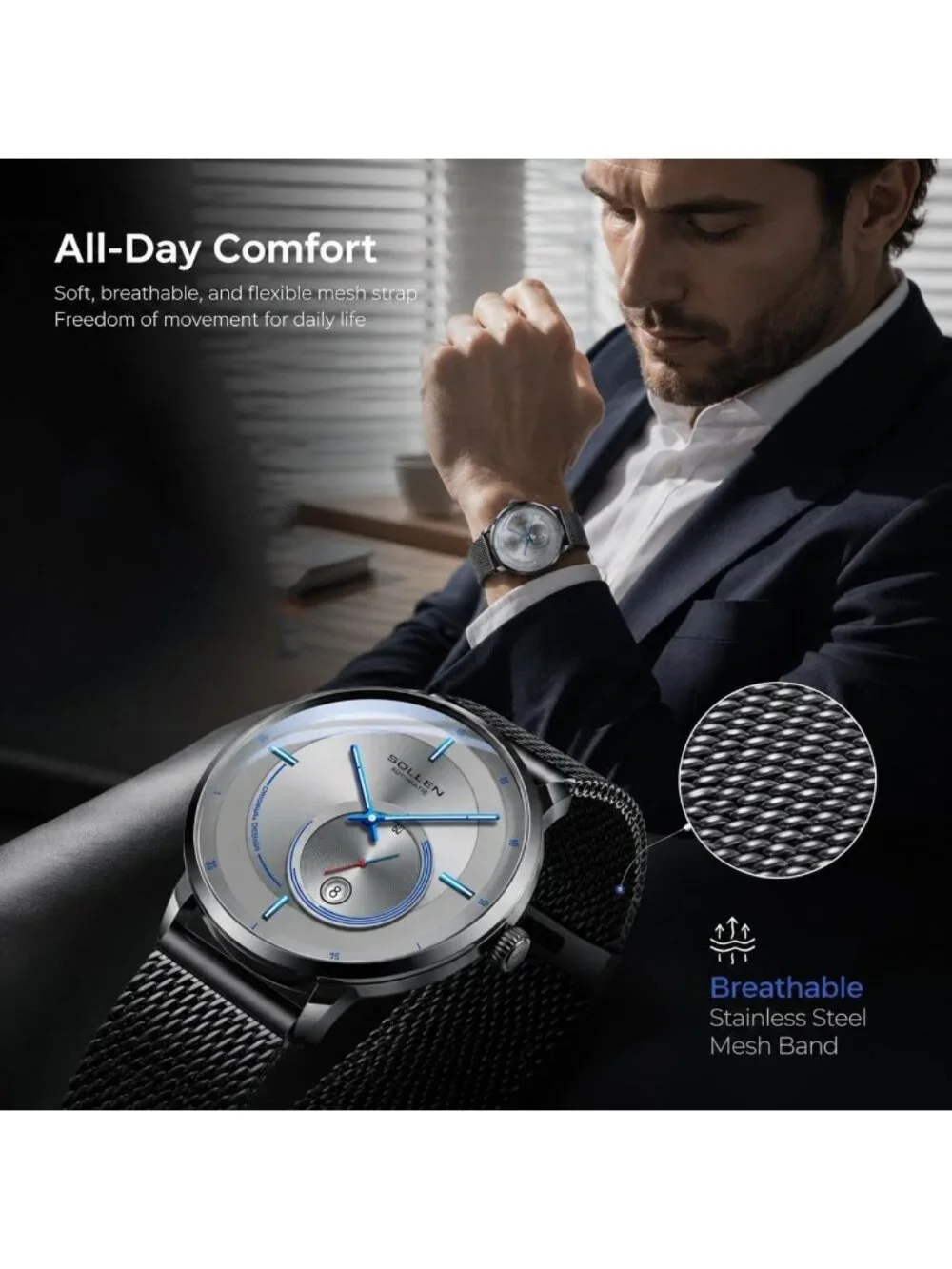 Men's Gray Automatic Mechanical Minimalist Dial Stainless Steel Luxury Watch